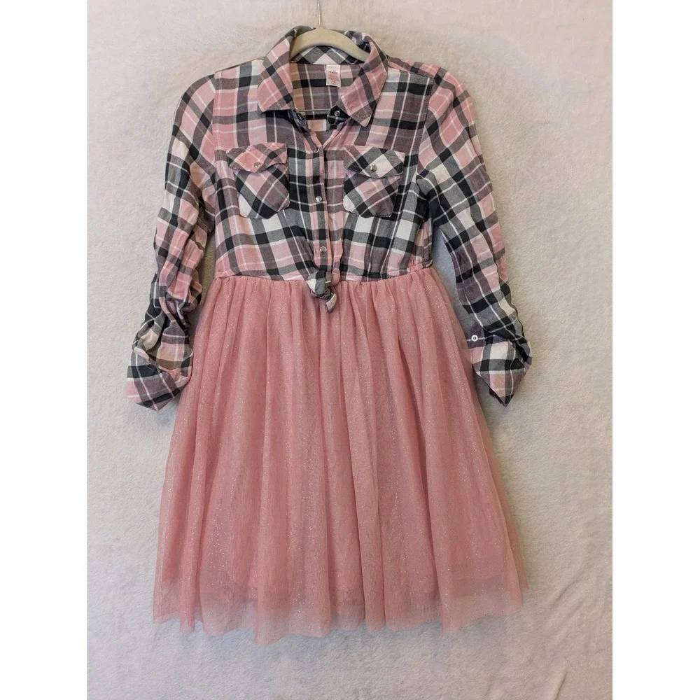 Justice Girls Size 10 Pink Plaid Button Front Tie Tutu Dress Glitter Tulle Skirt